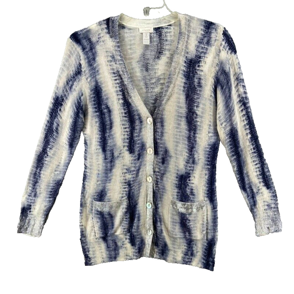 CHICOS Cardigan Sz 1 8 10 M Blue White Tie Dye Long Sleeve Silver Metallic Trim